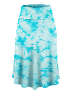 WB2345 Women's Tie Dye Lightweight Flare Midi Pull On Closure Skirt