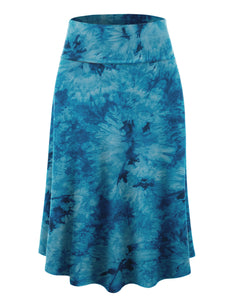 WB2345 Women's Tie Dye Lightweight Flare Midi Pull On Closure Skirt