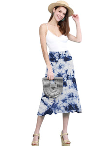 WB2345 Women's Tie Dye Lightweight Flare Midi Pull On Closure Skirt