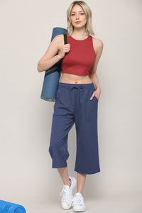 WB2381 Womens Capri Pants Loose Yoga Pants Wide Leg Drawstring Comfy Lounge Pajama Capris Sweatpants with Pockets