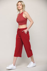 WB2381 Womens Capri Pants Loose Yoga Pants Wide Leg Drawstring Comfy Lounge Pajama Capris Sweatpants with Pockets
