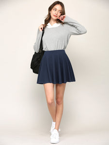 WB2382 Women's Casual Mini Flared Plain Pleated Skater Skirt with Shorts