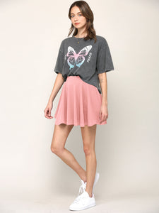 WB2382 Women's Casual Mini Flared Plain Pleated Skater Skirt with Shorts