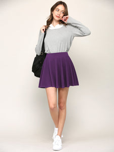 WB2382 Women's Casual Mini Flared Plain Pleated Skater Skirt with Shorts