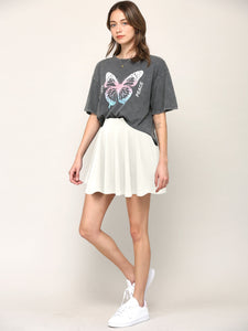 WB2382 Women's Casual Mini Flared Plain Pleated Skater Skirt with Shorts