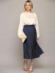 WB2383 Womens High Waist Polka Dot Pleated Midi Swing Skirt with Pockets