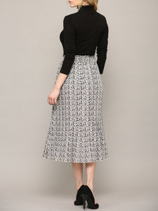 WB2383 Womens High Waist Polka Dot Pleated Midi Swing Skirt with Pockets