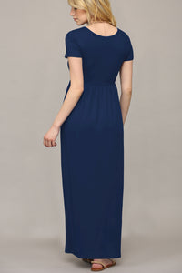 WDR2284 Womens Short Sleeve Loose Plain Casual Long Maxi Dresses with Pockets