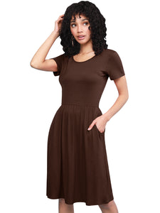 WDR2304  Women's Comfy Casual Short Sleeve Flowy Dresses Loose Plain Dress with Pockets