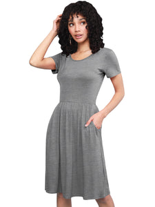 WDR2304  Women's Comfy Casual Short Sleeve Flowy Dresses Loose Plain Dress with Pockets