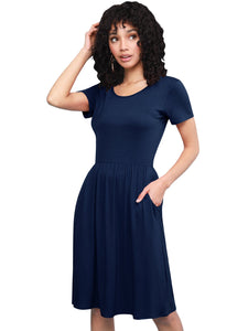 WDR2304  Women's Comfy Casual Short Sleeve Flowy Dresses Loose Plain Dress with Pockets