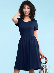 WDR2304  Women's Comfy Casual Short Sleeve Flowy Dresses Loose Plain Dress with Pockets