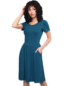 WDR2304  Women's Comfy Casual Short Sleeve Flowy Dresses Loose Plain Dress with Pockets