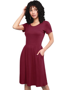 WDR2304  Women's Comfy Casual Short Sleeve Flowy Dresses Loose Plain Dress with Pockets