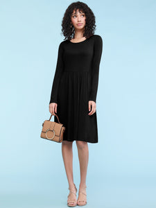 WDR2305 Women's Comfy Casual Long Sleeve Flowy Dresses Loose Plain Dress with Pockets