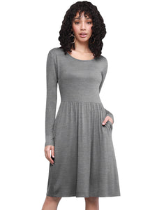WDR2305 Women's Comfy Casual Long Sleeve Flowy Dresses Loose Plain Dress with Pockets
