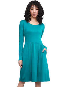 WDR2305 Women's Comfy Casual Long Sleeve Flowy Dresses Loose Plain Dress with Pockets