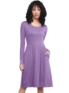 WDR2305 Women's Comfy Casual Long Sleeve Flowy Dresses Loose Plain Dress with Pockets