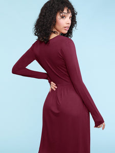 WDR2305 Women's Comfy Casual Long Sleeve Flowy Dresses Loose Plain Dress with Pockets