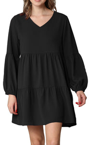 WDR2351 Women's Long Sleeve V neck Casual Loose Flowy Swing Shift Dress