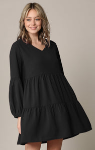 WDR2351 Women's Long Sleeve V neck Casual Loose Flowy Swing Shift Dress