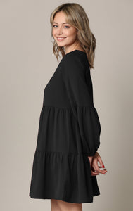 WDR2351 Women's Long Sleeve V neck Casual Loose Flowy Swing Shift Dress