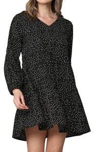 WDR2351 Women's Long Sleeve V neck Casual Loose Flowy Swing Shift Dress