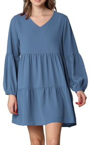 WDR2351 Women's Long Sleeve V neck Casual Loose Flowy Swing Shift Dress