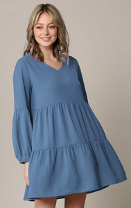 WDR2351 Women's Long Sleeve V neck Casual Loose Flowy Swing Shift Dress