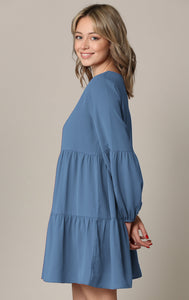 WDR2351 Women's Long Sleeve V neck Casual Loose Flowy Swing Shift Dress