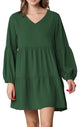 WDR2351 Women's Long Sleeve V neck Casual Loose Flowy Swing Shift Dress