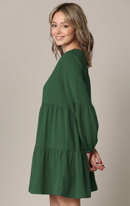 WDR2351 Women's Long Sleeve V neck Casual Loose Flowy Swing Shift Dress