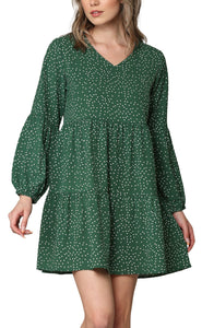 WDR2351 Women's Long Sleeve V neck Casual Loose Flowy Swing Shift Dress