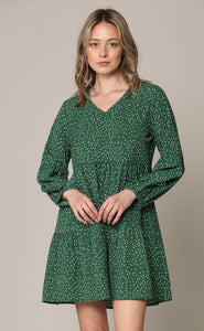 WDR2351 Women's Long Sleeve V neck Casual Loose Flowy Swing Shift Dress