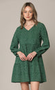 WDR2351 Women's Long Sleeve V neck Casual Loose Flowy Swing Shift Dress