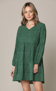 WDR2351 Women's Long Sleeve V neck Casual Loose Flowy Swing Shift Dress