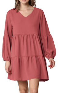 WDR2351 Women's Long Sleeve V neck Casual Loose Flowy Swing Shift Dress