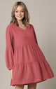 WDR2351 Women's Long Sleeve V neck Casual Loose Flowy Swing Shift Dress