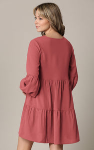 WDR2351 Women's Long Sleeve V neck Casual Loose Flowy Swing Shift Dress