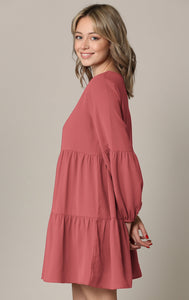 WDR2351 Women's Long Sleeve V neck Casual Loose Flowy Swing Shift Dress