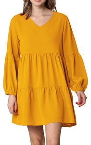 WDR2351 Women's Long Sleeve V neck Casual Loose Flowy Swing Shift Dress
