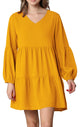 WDR2351 Women's Long Sleeve V neck Casual Loose Flowy Swing Shift Dress