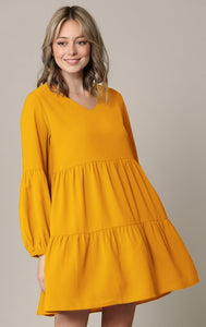 WDR2351 Women's Long Sleeve V neck Casual Loose Flowy Swing Shift Dress