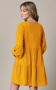 WDR2351 Women's Long Sleeve V neck Casual Loose Flowy Swing Shift Dress