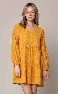 WDR2351 Women's Long Sleeve V neck Casual Loose Flowy Swing Shift Dress