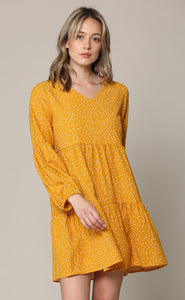 WDR2351 Women's Long Sleeve V neck Casual Loose Flowy Swing Shift Dress