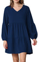 WDR2351 Women's Long Sleeve V neck Casual Loose Flowy Swing Shift Dress