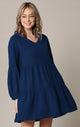 WDR2351 Women's Long Sleeve V neck Casual Loose Flowy Swing Shift Dress