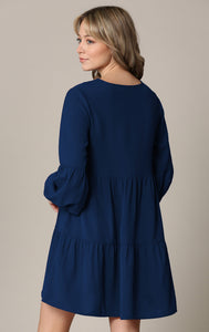 WDR2351 Women's Long Sleeve V neck Casual Loose Flowy Swing Shift Dress