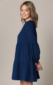 WDR2351 Women's Long Sleeve V neck Casual Loose Flowy Swing Shift Dress